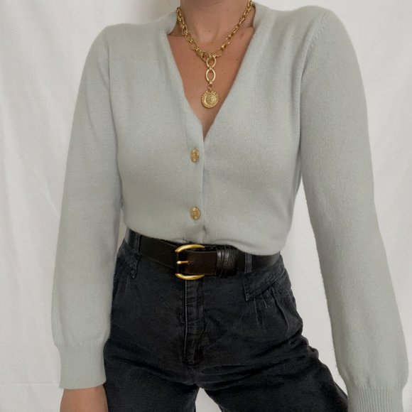 Vintage Sweaters - Vintage Ice Blue Cashmere Cardigan